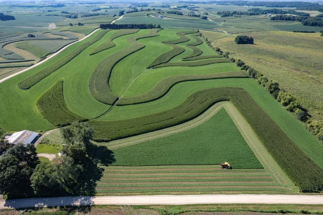 A farm contoured with swales to slow water and hold soil